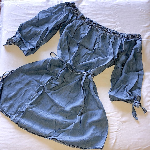 Blue Denim Off the Shoulder Dress - Picture 1 of 5